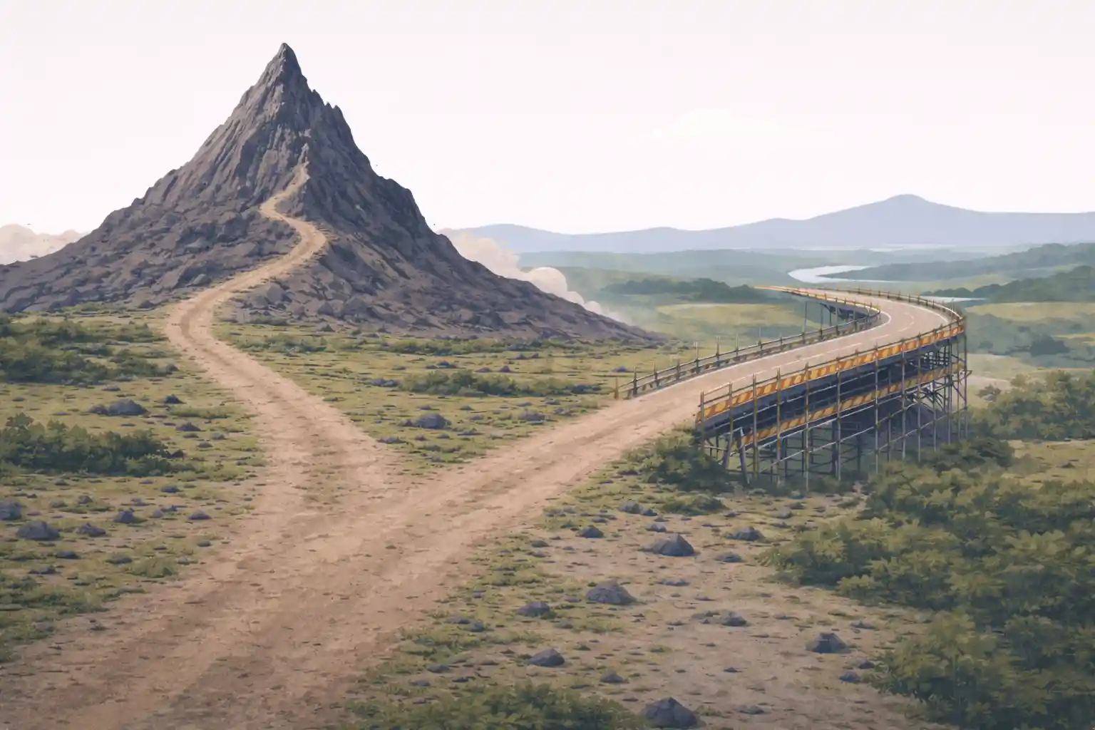 A path splitting - one toward the mountain, one taking the bypass